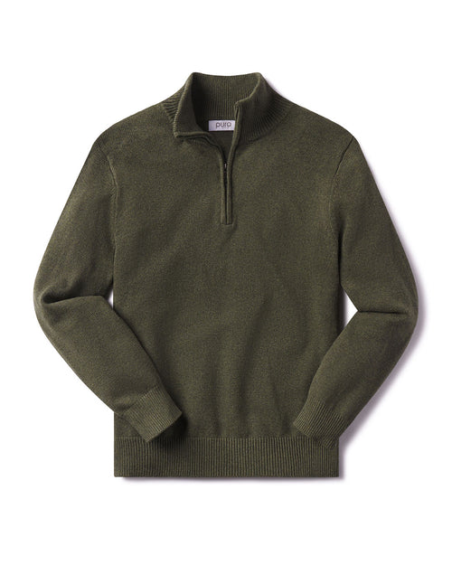 Men's olive green half-zip cotton sweater with ribbed cuffs and hem, laid flat on white background