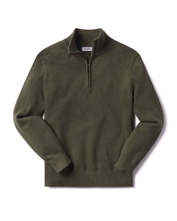 Men's olive green half-zip cotton sweater with ribbed cuffs and hem, laid flat on white background