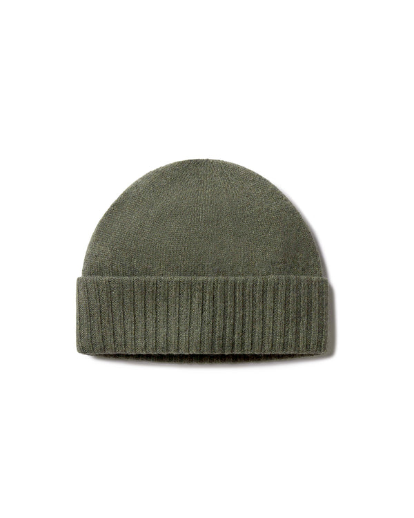 Dark olive green cashmere knit hat with folded ribbed brim, isolated on white background