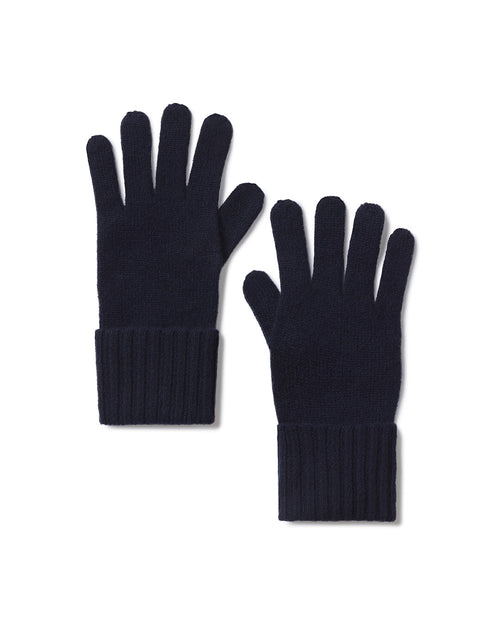 Pair of navy blue cashmere gloves with ribbed cuffs laid flat on white background