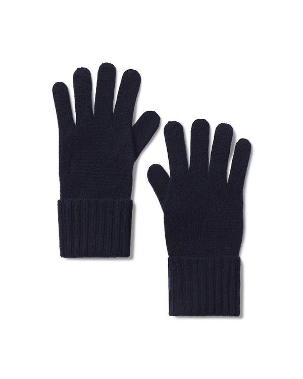 Pair of navy blue cashmere gloves with ribbed cuffs laid flat on white background