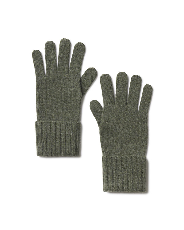 LIFESTYLE / EDITORIAL: Pair of dark olive cashmere gloves with ribbed cuffs laid flat on white background