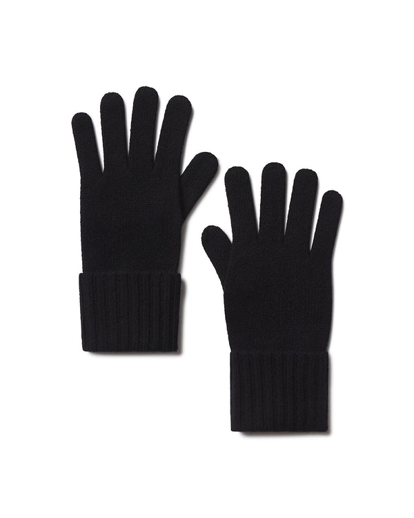 Pair of black cashmere gloves with ribbed cuffs displayed on white background