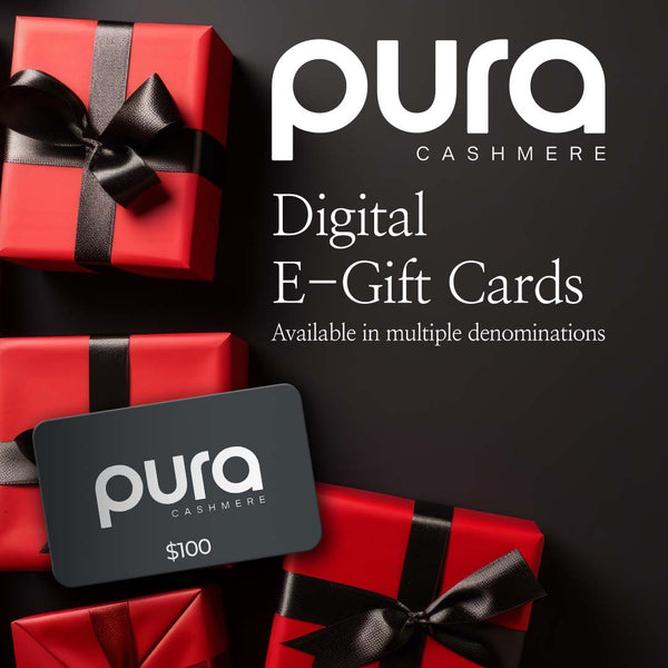 PROMOTIONAL BANNER: Digital e-gift cards for Pura Cashmere shown with wrapped gift boxes and card displaying $100 value