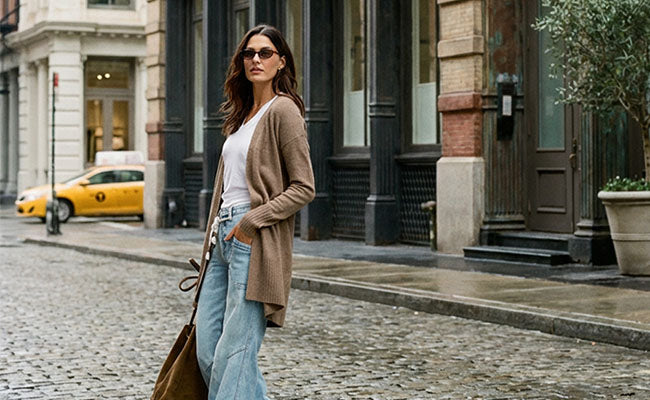 Long tan open-front cardigan worn over a white tee with wide-leg jeans.
