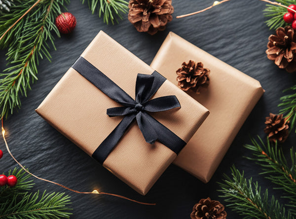 LIFESTYLE / EDITORIAL: Two brown gift boxes wrapped with black ribbon, surrounded by pinecones and evergreen branches
